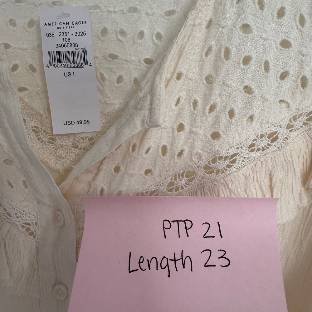 NWT American Eagle Cream Eyelet Lace Ruffle peasant Button Blouse Top L - Picture 5 of 5